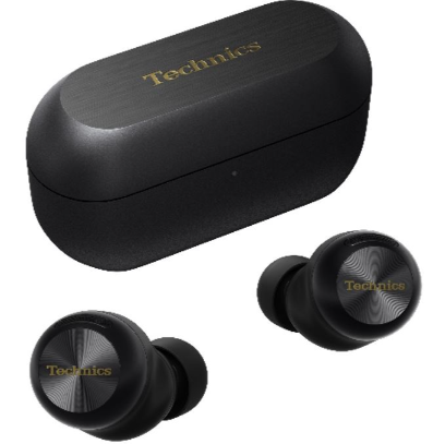 Technics black true wireless earbuds with matching charging case